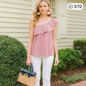 New England Classic Coastal Preppy Red Gingham Top One Shoulder Top Nantucket M
